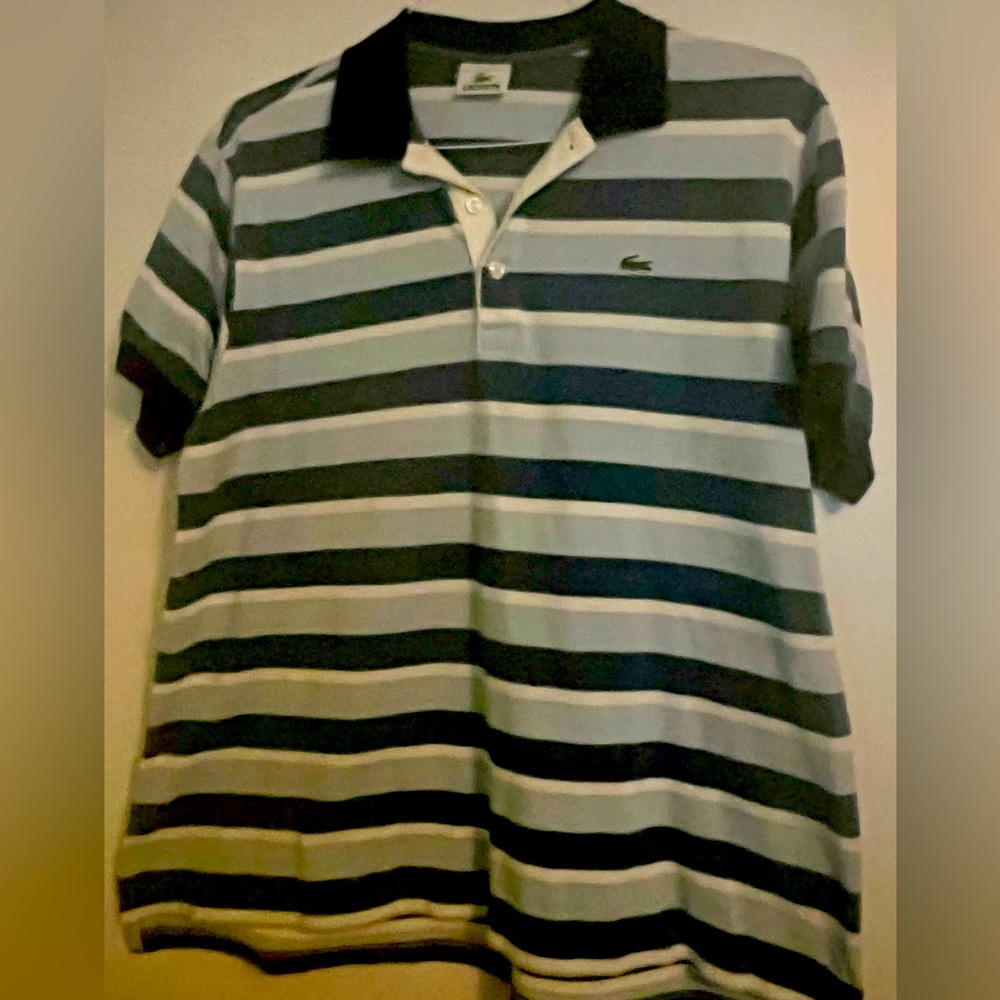Lacoste Sport Mens Striped Polo Shirt Size 6 L Dark Blue, Light Blue & White